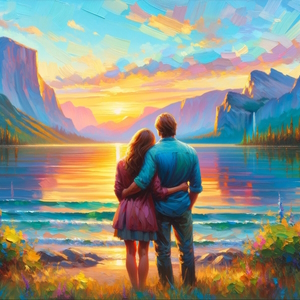 A couple enjoying a sunset over a lake