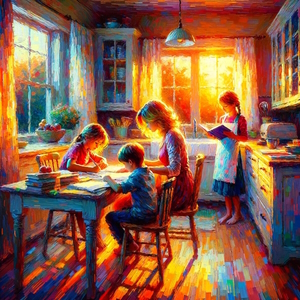 A mother helping with her children's education in the kitchen