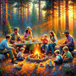 A family enjoying an activity around a campfire