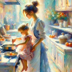 A young mother cooking a meal with her daughter