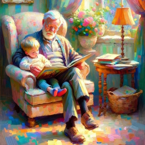 A grandfather reading a story to his grandson