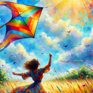 a women flying a kite in a field