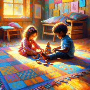 Two children playing with blocks in a room