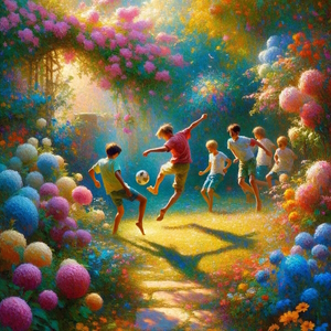 Boys playing soccer together in a garden