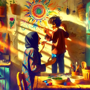 A mother and son painting together on a wall