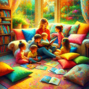 A mother reading books to some children